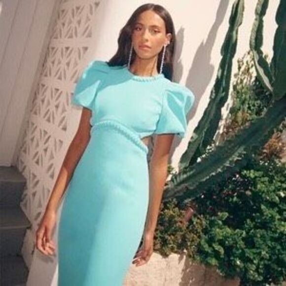 Rebecca Vallance Michelle Puff Sleeve Teal Blue Midi‎ Dress Size 10 - Picture 6 of 13
